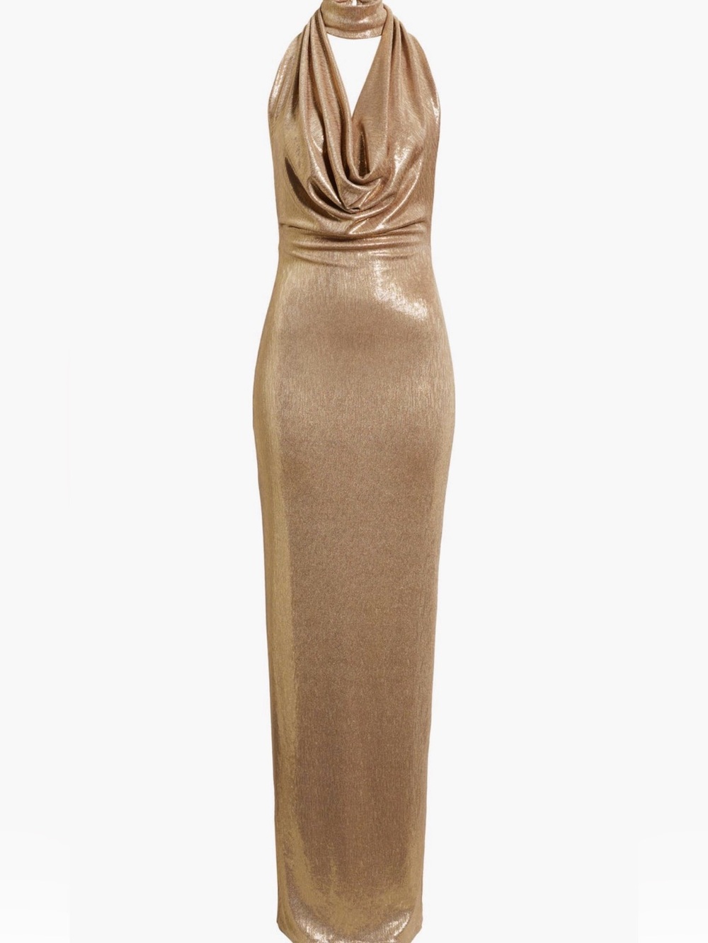 Black Halo Eulalaia Metallic Gold Halter Cowl Maxi Dress